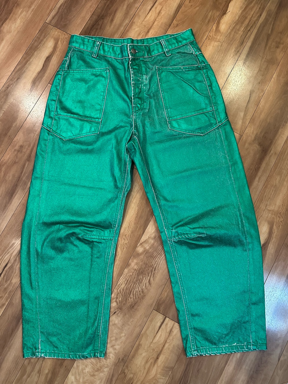 Free People Moxie Metallic Emerald Green Barrel Jeans Sample Size 29 NWOT